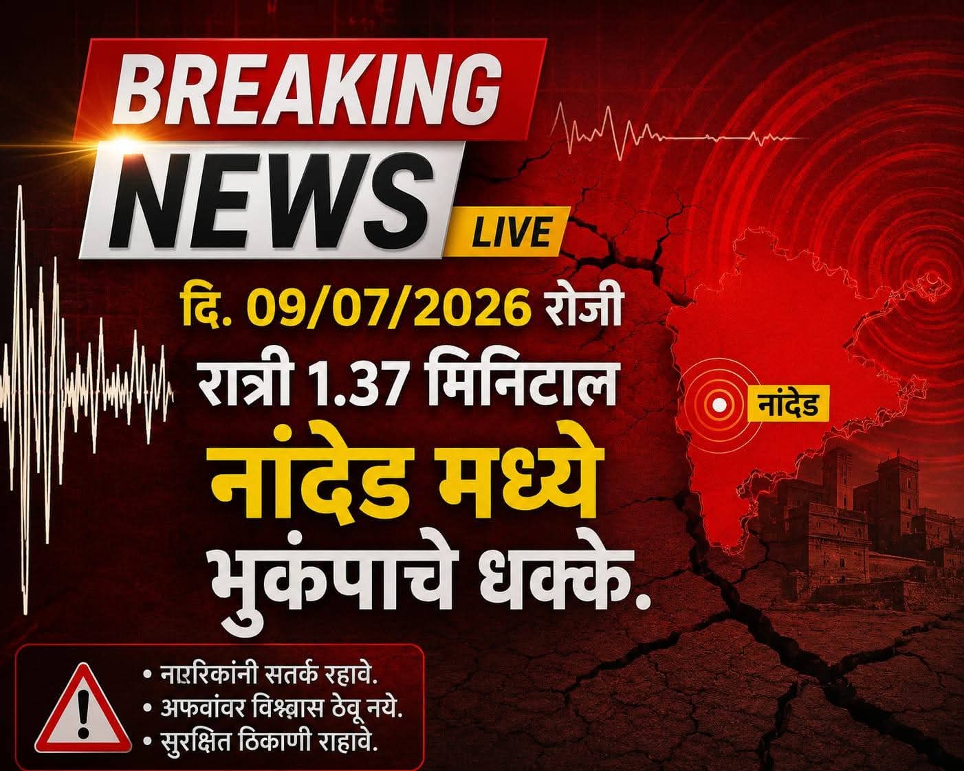 हिंगोली, नांदेड, परभणी जिल्ह्यांना मध्यरात्री भूकंपाचे सलग तीन सौम्य धक्के; घाबरू नका, सतर्क राहा – प्रशासनाचे आवाहन